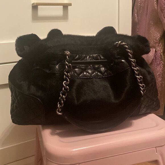 Chanel Black Quilted Lambskin X Pony Hair Drawstring Bucket Chain Hobo Small - Picture 3 of 11